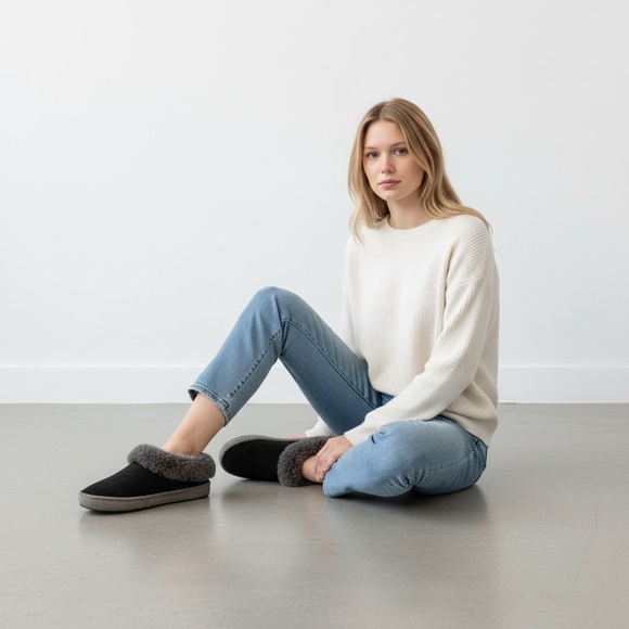 UGG Australia Shoes - UGG Australia Women Black Suede Sheepskin Fur Lined Slippers Moccasins Shoes